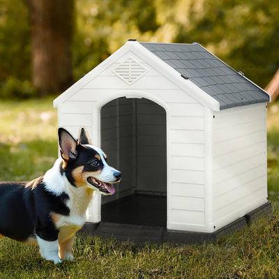 Plastic Dog House Indoor for Small Dogs, Insulated Dog House Outdoor Puppy Shelter, 32.5 Inch Weather & Water Resistant Pet Crate with Air Vents and Elevated Floor, Dark Gray