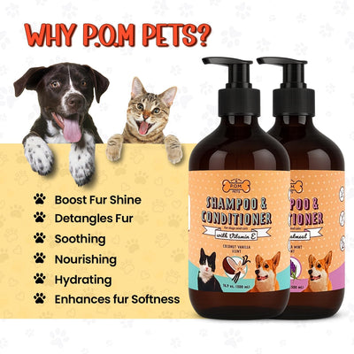 POM Pets 2 Pack 2-in-1 Organic Dog Shampoo & Conditioner – Itchy Skin Relief, Dog Deshedding, Detangles Fur, Cat Shampoo, Paw Cleaner for Dogs, Natural Coat Defense Formula