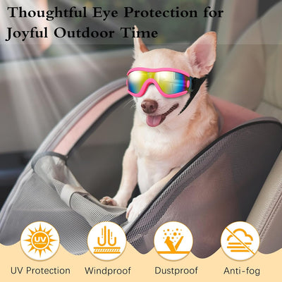 Dog Goggles Small to Medium Breed, Dog Sunglasses with Adjustable Straps & Air Vents, UV/Wind/Dust/Fog/Snow Proof Dog Eye Protection Sunglasses for Outdoor Driving Riding, Pink