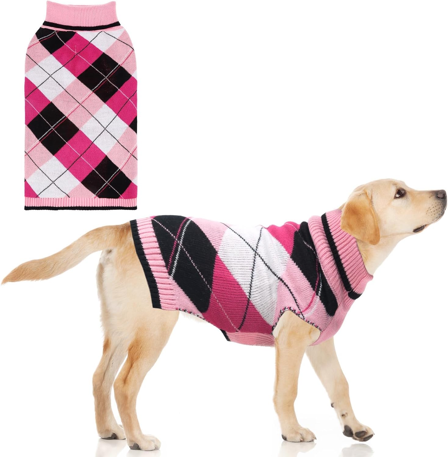 KOOLTAIL Valentine Dog Sweater Pet Knitted Clothes - Classic Pink Plaid Pullover Turtleneck Thick Warm Dog Sweaters with Leash Hole, Soft Winter Coats for Small Medium Large Dogs Cats Puppy Girls, S