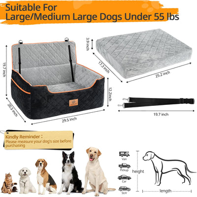 Dog Car Seat Up to 55lb, Travel Dog Booster Seat for Large Medium Dog, with 2 Clip-On Safety Adjustable Leashs and Storage Pockets, Detachable, Washable, Easy to Install
