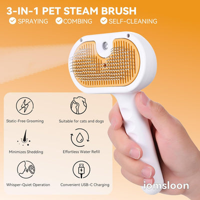 Pet Steam Brush, 3-in-1 Spray Hair Removal Comb for Dog and Cat, Steam for Shedding and Grooming, Spritz Defur Comb, Water Brush for Long & Short Haired Pets