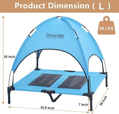 S/M/L Outdoor Elevated Dog Cot with Canopy & Side Shade for Camping Small Medium Dogs (Carry Bag), Portable Cooling Raised Dog Bed with and Side for Beach