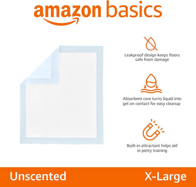 Amazon Basics Puppy Pads with Quick-Dry 5-Layer Leak-Proof Design for Potty Training, X-Large Size 28 x 34 Inch, Pack of 40, Blue & White