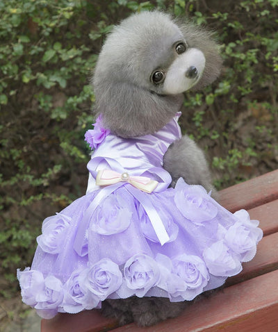 Dog Dress Luxury Puppy Skirt Clothes Princess Dresses Wedding Evening Tutu Skirt Rose Flower Bowknot Dresses for Small Dog Girl M Purple