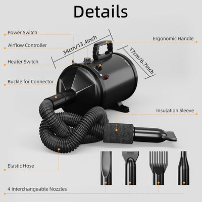 High Velocity Professional Pet Grooming Dryer with Adjustable Speed and Temperature, Dog Blow Dryer with 4 Nozzles, Pet Hair Dryer with Bonus Dog Bath Brush & Dog Shampoo Brush, Black