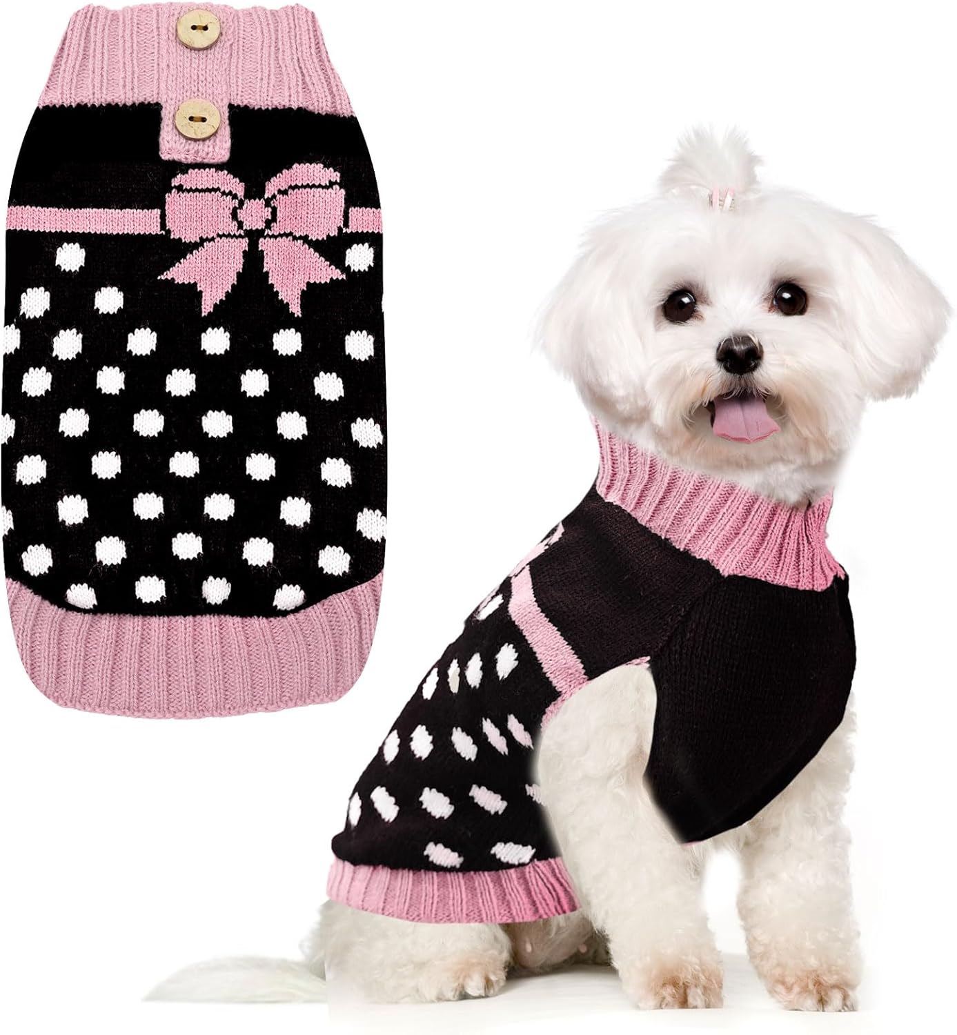 PETCARE Cute Dot Dog Sweater for Small Medium Dogs Girl with Purple Bowtie Knitted Warm Fall Winter Puppy Clothes Cat Sweaters for Cats Only Dachshund Chihuahua Yorkie Dog Outfits Vest Jumper