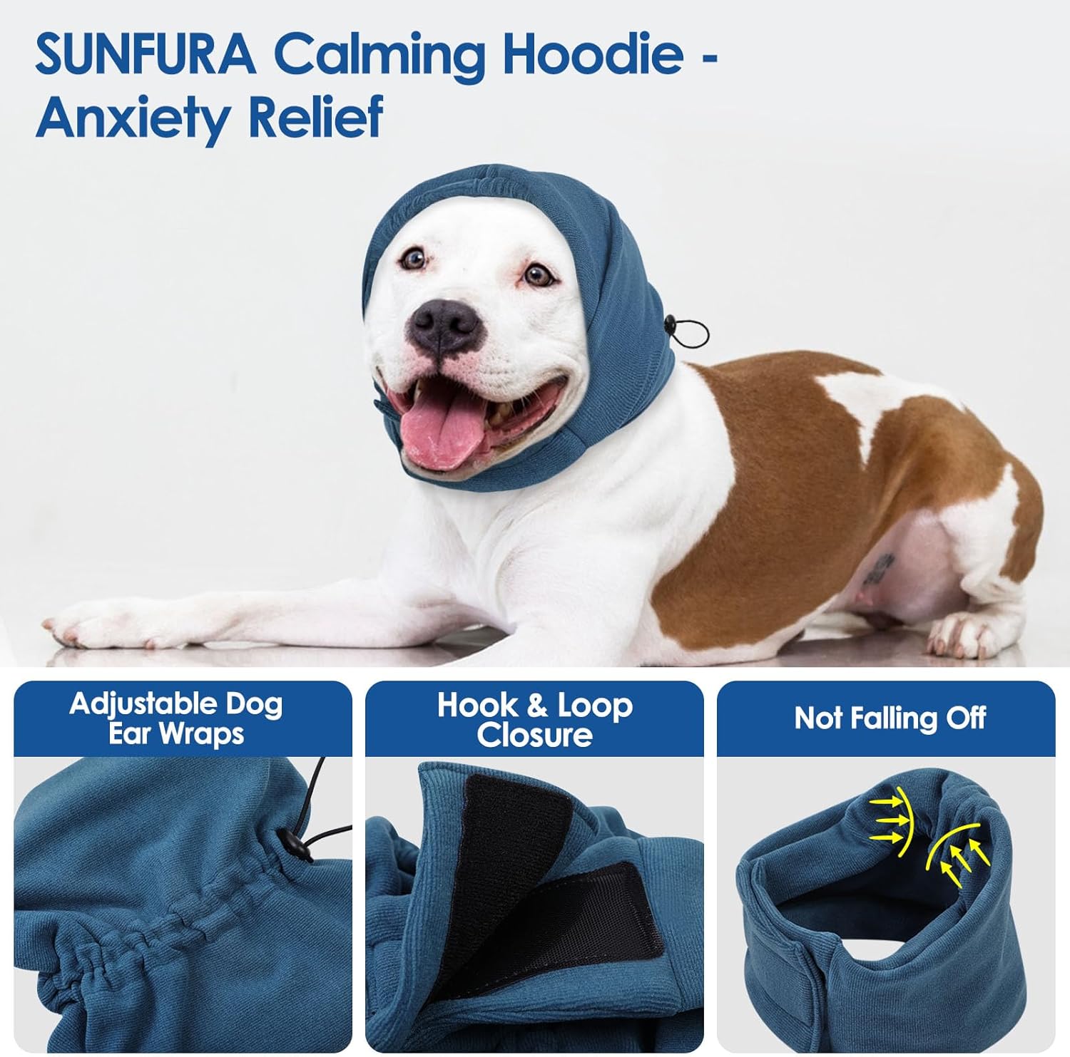 SUNFURA Dog Calming Hoodie, Dog Ear Muffs Noise Protection, Ear Wrap Hematoma for Dogs, Adjustable No Shake Head Cover Anxiety Relief, Grooming, Blow Drying, Fireworks, Thunderstorms, Blue L