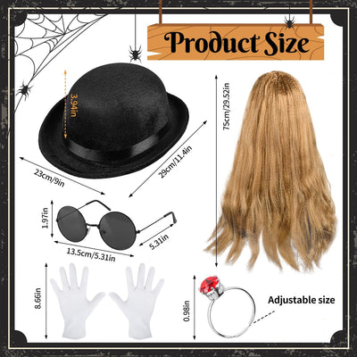 MOVINPE Long Hair Cousin Costume Set for Adults, Kids & Pets, 6Pc Halloween Dress-Up Kit with Wig, Bowler Hat, Sunglasses, Gloves & Ring – Funny Mysterious Character Cousin Outfit