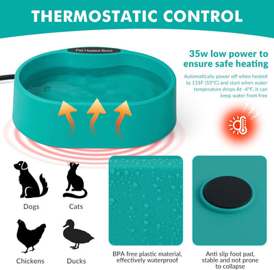 Large Heated Water Bowl for Dog & Cat, Outdoor Heated Dog Bowl, Waterproof Heated Warming Pet Bowl for Outside, Anti-Freeze Heated Pet Water Dish for Rabbit, Chicken, Duck, Squirrel (125 OZ, 35 Watts)