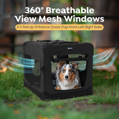 Veehoo 30 inch Folding Soft Dog Crate, 4-Door Portable Collapsible Pet Kennel Travel Dog Crate for Medium Dogs, 5 x Durable Mesh Screen, 600D Oxford Fabric, Indoor & Outdoor Use, Black, CWB2428CP