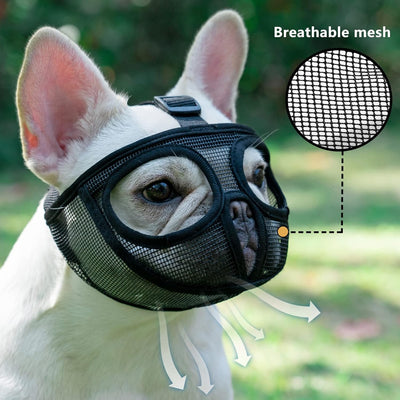 OHCOZZY Short Snout Dog Muzzle with Breathable Eye Hole, Adjustable French Bulldog Muzzle Prevent Dogs from Eating Biting Licking(M,Black)