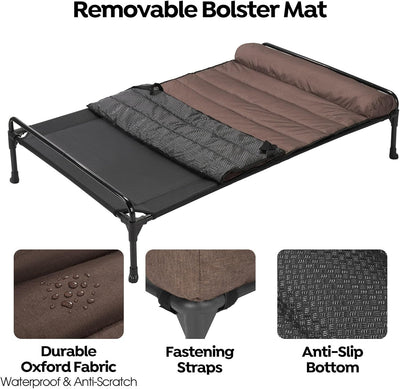 Veehoo Elevated Raised Dog Bed+Waterproof Removable Pillow-Top Mat, Cooling Outdoor Dog Cot Bed with Railing for Large Sized Dogs-Pet Cot Dog Hammock Bed Elevated Dog Couch Ded with Bolster-41 x 27"