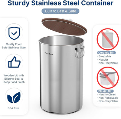 35 Lbs Stainless Steel Dog Food Storage Container with Airtight Wooden Lid & Ceramic Bone Handle, Large Metal Dog Food Bin for Dogs & Cats, Keep Fresh, Easy to Clean