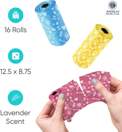 AKC - Bolsas para excremento de perro, a prueba de fugas, 16 rollos de recambio, aroma a lavanda, 240 unidades (estampado de juguete)