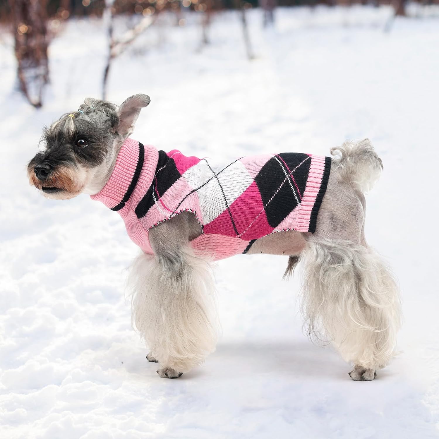 KOOLTAIL Valentine Dog Sweater Pet Knitted Clothes - Classic Pink Plaid Pullover Turtleneck Thick Warm Dog Sweaters with Leash Hole, Soft Winter Coats for Small Medium Large Dogs Cats Puppy Girls, S