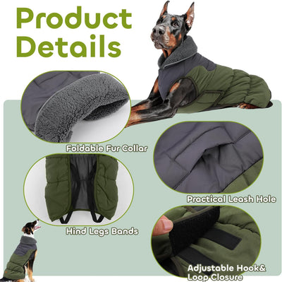 EMUST Dog Coats for Large Dogs, Reflective Warm Pet Fleece Jacket Snowsuit for Cold Weather with Furry Collar, Windproof Warm Fleece Dog Puffer Jacket, Green L