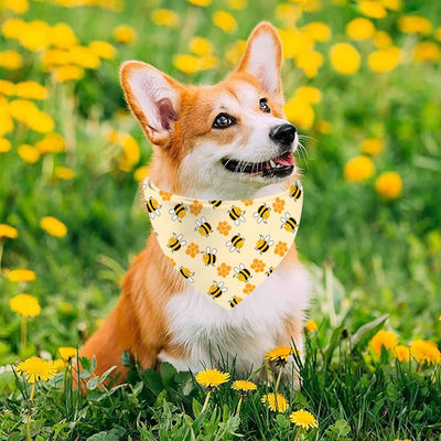 Spring Summer Dog Bandanas Reversible Large 2 Pack, Floral Bee Set, Adjustable Triangle Holiday Yellow Scarves