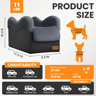 Asiento portátil para perro pequeño para automóvil (hasta 11 libras), consola central de lujo para asiento de automóvil para perro con correas de seguridad, transportador de viaje para
