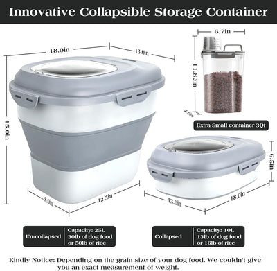 Dog Food Storage Container, Airtight Collapsible 13lb to 30lb Pet Food Container with Flip Top, Rolling Wheel, Scoop and 3L small container for Dog Cat Food and Dry Food of Rice, Flour