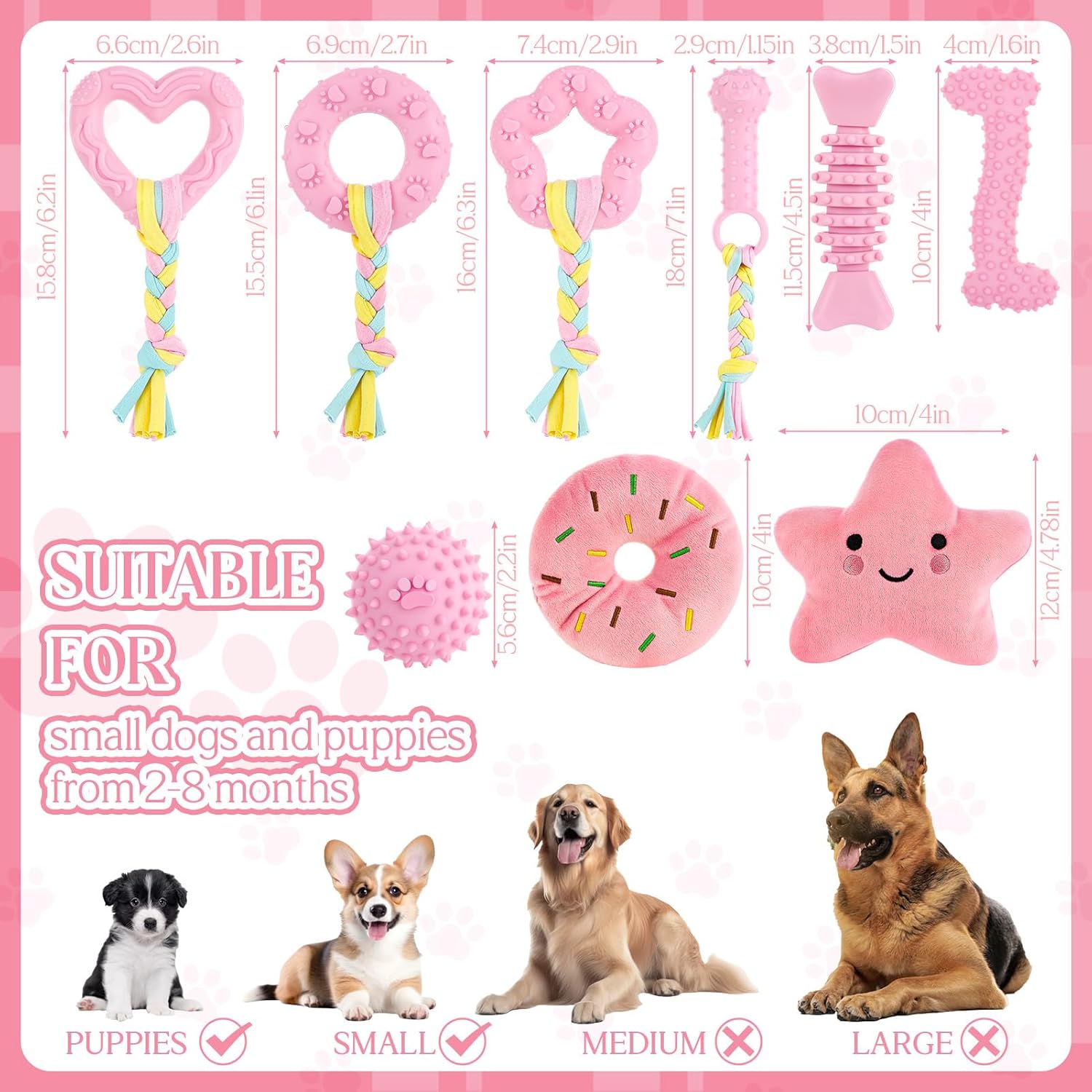 9Pack Pink Puppy Toys for Teething Treat Interactive to Keep Them Busy, Cute Soft Rubber Toy for Small Dogs, Girl Puppy Essentials