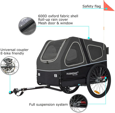 DOGGYHUT® S-Line XL Pet Bike Trailer & Stroller for Dogs Up to 100 lbs,Folding Frame Cart, Suspension Wheels,Low Center of Gravity, Parking Brakes