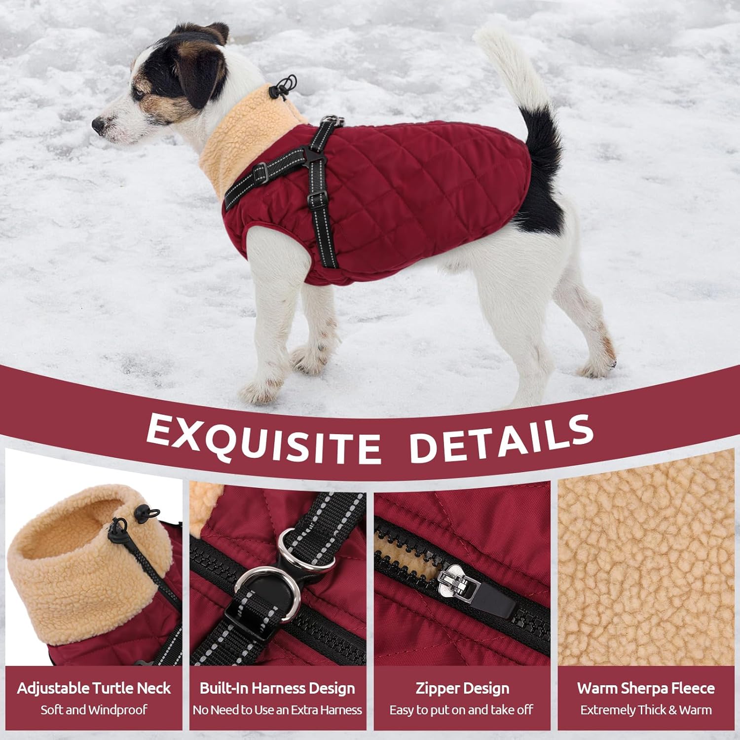 Queenmore Dog Coat, Dog Coats for Small Dogs, Doggy Winter Jacket with Zipper On Back, Waterproof Pet Jacket with Harness Built in, Pet Puffer Coat for Bichon, Schnauzer, Yorkie, Burgundy S