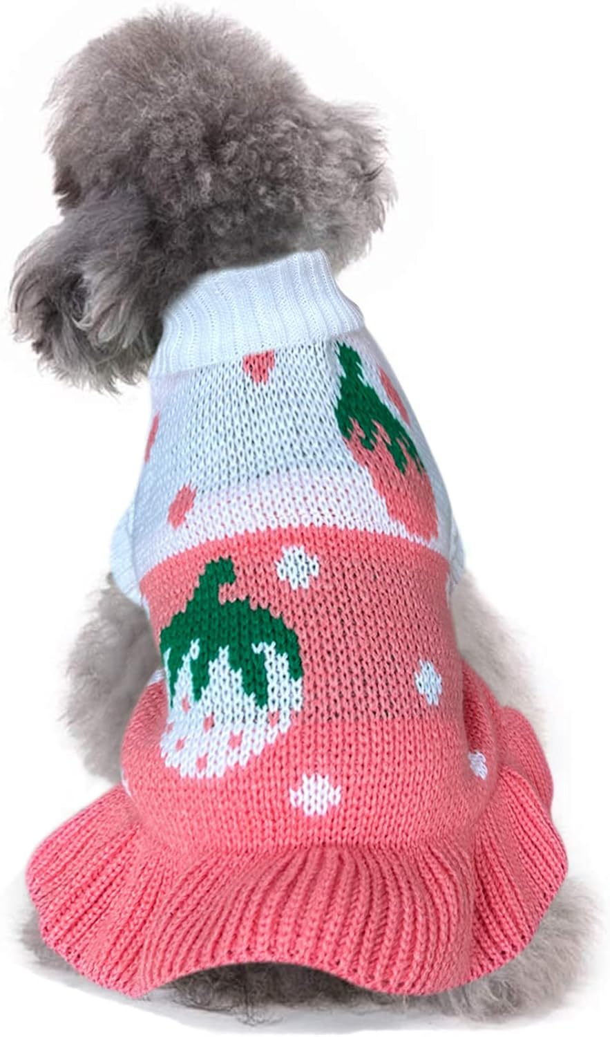 CHBORCHICEN Pet Dog Sweaters Classic Knitwear Turtleneck Winter Warm Puppy Clothing Cute Strawberry and Heart Doggie Sweater (Pink, Medium)