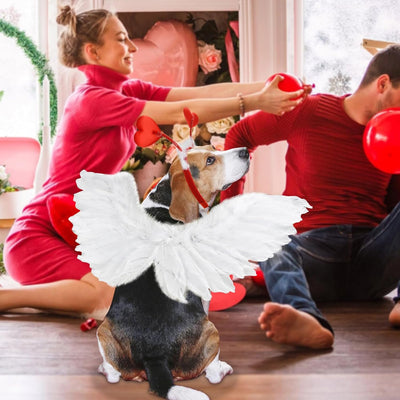 Dog Sweeat Heart Headband Valentin's Day Costume Set with White Feather Wing Heart Headband Love-Themed Dog Outfits for Medium to Big Dog Breeds