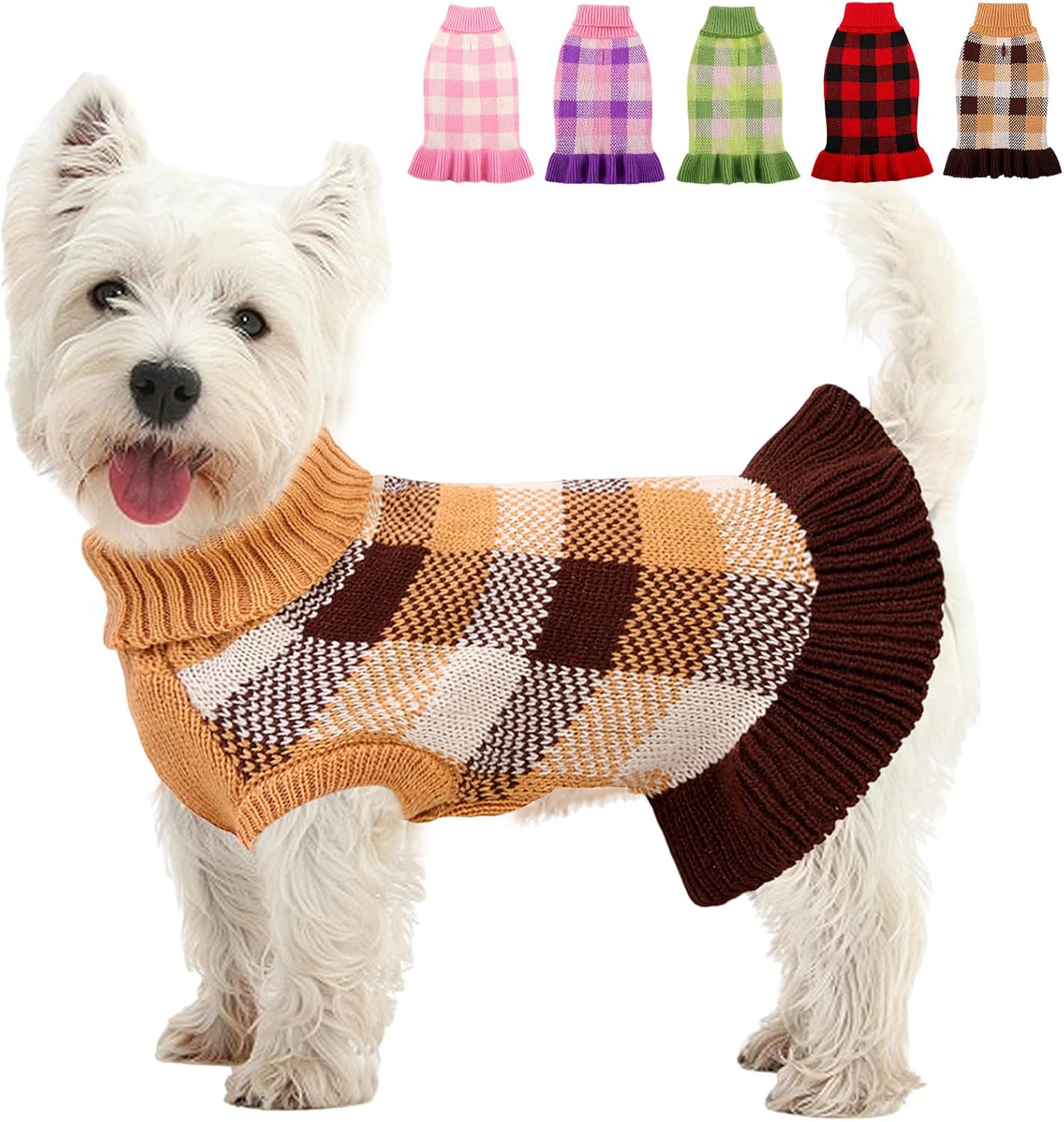 Dog Sweater Dress Plaid Knitwear for Small Medium Dogs Warm Puppy Pet Turtleneck Stretch Pullover Cute Fall Winter Vest Clothes with Leash Hole for Christmas (Pink, M)