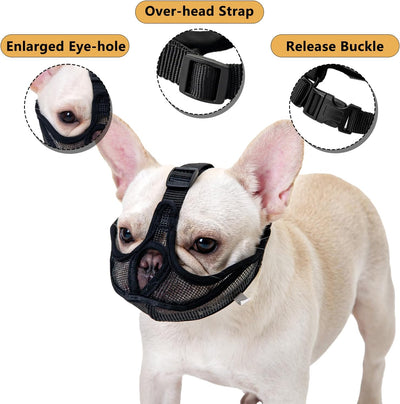 Ohcozzy Short Snout Dog Muzzle, Won’t Cover Forehead Bulldog Muzzle Adjustable Breathe Mesh, Anti Bitting Chewing Barking（S,Black）