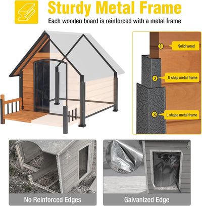Aivituvin Dog House Outdoor Weatherproof Chew Proof Large Dog Kennel with Metal Frame for Small Medium Large Dogs, 50.9" D x 37.4" W x 37.2" H