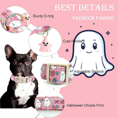 Elegant little tail Halloween Dog Collar, Ghosts Print Pink Halloween Pet Collars Cotton Soft Sturdy Puppy Collars Holiday Female Adjustable Collar for Medium Dogs