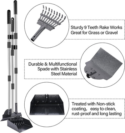 Dog Pooper Scooper Set, 3 Pack Adjustable 49.1 Inches Long Handle Metal Tray, Rake and Spade Poop Scoop for Waste Removal, No Bending Clean Up for Large and Small Dog