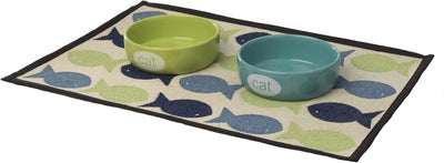 PetRageous 12089 Kool Fish Tapestry Dog and Cat Non-Skid Machine Washable Mat for Pet Feeding Areas with Rubber Backing 13-Inch by 19-Inch for Dogs and Cats, Grey