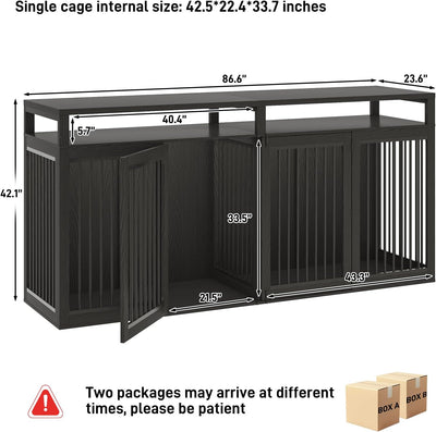 87In Farmhouse Dog Crate TV Stand, Wooden Dog Kennel Furniture with 2 Doors, Large Dog Crate Furniture for 2 Dogs, Solid Metal Tube & 4 Lockable Doors, Black