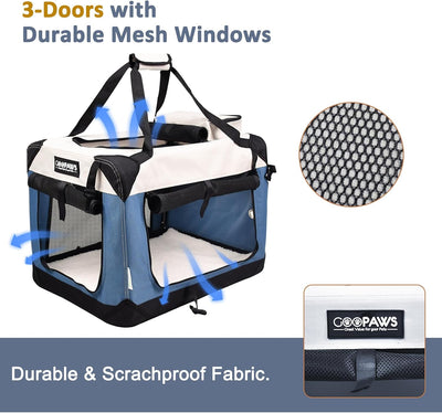 JESPET Soft Dog Crates Kennel for Pets, 3 Door Soft Sided Folding Travel Pet Carrier with Straps and Fleece Mat for Dogs, Cats(6-Lake Blue, Small(24" L x 16.5" W x 16.5" H))