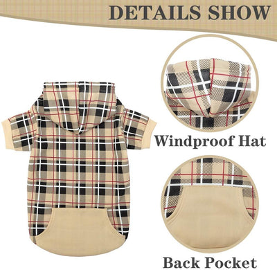 EXPAWLORER Plaid Dog Hoodie - British Style Warm Dog Sweater Shirt with Leash Hole,Pitbull Clothes Outfits,Winter Coat Apparel for All Breeds Puppy Girl Boy-Cat Apparel