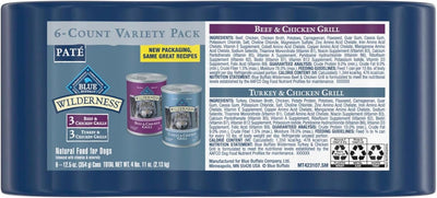 Blue Buffalo Wilderness Beef and Chicken Grill and Turkey and Chicken Grill High-Protein Wet Dog Food for Adult Dogs, 12.5 oz. Cans, 6 Count Variety Pack
