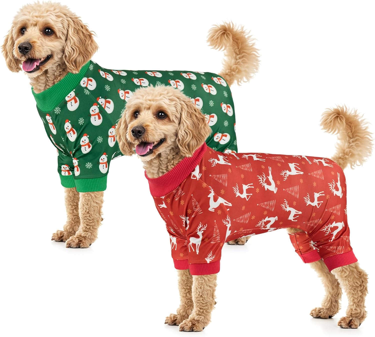 Vehomy 2-Pack Christmas Dog Pajamas Xmas Pet Pjs with Snowman Elk Patterns Christmas Dog Onesie Jumpsuits Jammies Clothes Stretchy Shirts Comfy Outfit Costume Apparel for Small Medium Large Dogs XXL