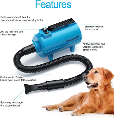 Professional High-Velocity Dog Hair Dryer with Heater, Adjustable Speed Pet Grooming Blower for All Breeds, Quiet & Powerful Stepless Airflow Control