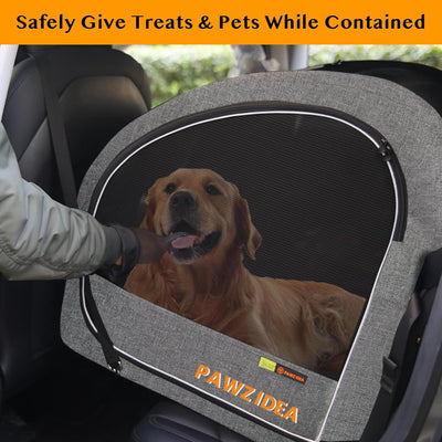 PAWZIDEA Portable Dog Crate for Car Travel, Collapsible Pet Travel Crates for Medium & Large Dogs, Soft-Sided Car Kennel Carrier for Backseat, Secures with Seatbelt &Headrest Strap, Chew-proof,Up 80lb