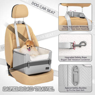 PETSFIT Dog Booster Seat, Portable Dog Car Seats for Small Dogs with Clip-On Leash, Patent Safe Buckles, Dog Booster Car Seat Suitable for Small Pets Up to 25lbs (Light Grey)