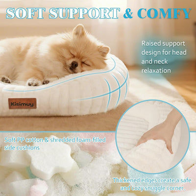 Cute Washable Dog Bed for Small Medium Dogs, Orthopedic Plush Rectangle Anti-Anxiety Dog Bed, Medium Calming Bolster Puppy Bed with Durable Removable Zipper Cover&Anti-Silp Bottom, 30in, Cream