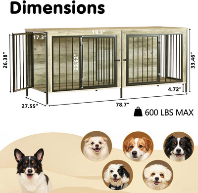 TAVATA 78 Inch Dog Crate Furniture for 2 Dogs, XXL Thick Double Dog Cage Furniture Large Breed, Heavy Duty Dog Kennel Indoor Crate for Large Dogs, Dog Crate TV Stand, Gray