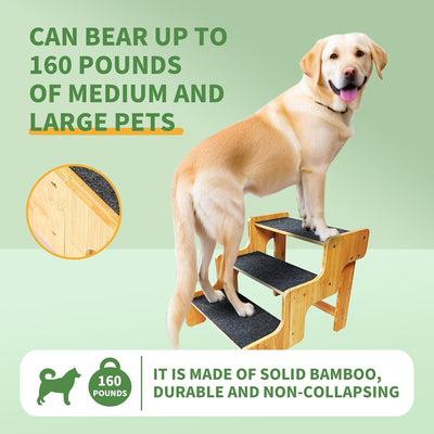 Dog Stairs for Small Dogs,3-Step Bamboo Wooden Dog/Pet/Cat Steps Ramp for Couch Sofa,Bed and Car, Can Support Weighing Up to 160 LB,