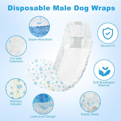 Disposable Dog Diapers Male 96 Count Belly Bands for Bale Dogs (Waist 11-16.5 in S) Super Absorbent Small Doggie Diapers for Heat Excitable Urination or Incontinence - Blue