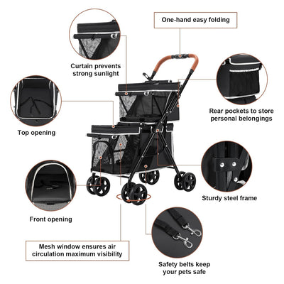 Double Pet Stroller for Dogs and Cats, One-Hand Folding Dog Stroller Travel Carriage for Small Medium Dogs Cats, 4 Wheels, Black