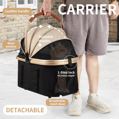 3 in 1 Pet Stroller with 4 Wheels, Foldable Pet Travel Carrier for Small/Medium Dogs Cats up to 50lbs, Detachble Portable Pet Bag, Storage Basket