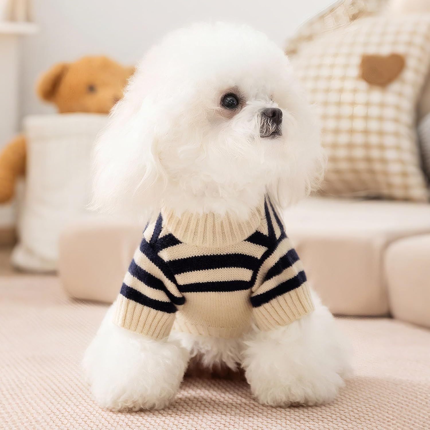 Dog Sweaters for Small Dogs with Cute Bear Pattern, Striped Soft Stretchable Warm Puppy Clothes for Small Dogs Cats, French Bulldog, Chihuahua for Winter